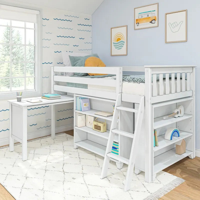 Twin Low Loft Bed with Pull-Out Desk & 3-Shelf Bookcases - 50" Solid Wood Frame, 14" Guardrails, 400lbs Capacity for Kids Room