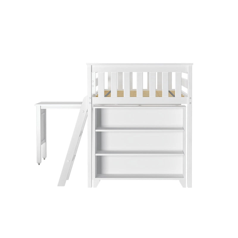 Twin Low Loft Bed with Pull-Out Desk & 3-Shelf Bookcases - 50" Solid Wood Frame, 14" Guardrails, 400lbs Capacity for Kids Room