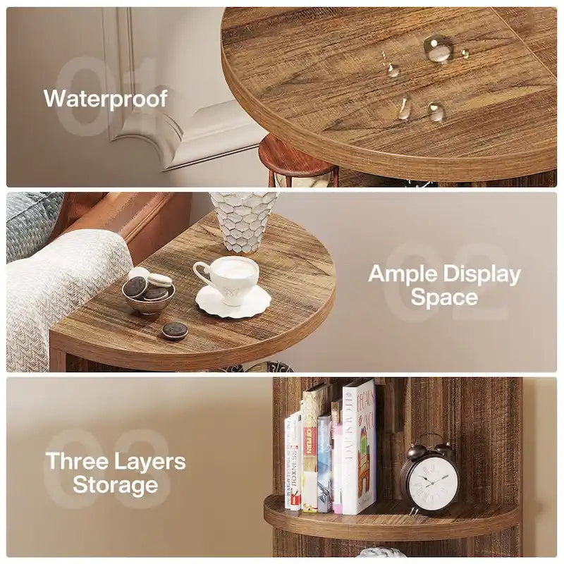 3-Tier Rustic Brown Semi Circle Side Table