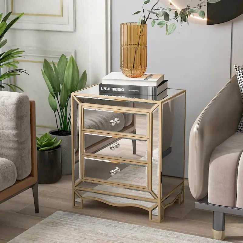 Mirrored Nightstand with 3 Drawers, Champagne Gold Bedside Table, 19.7"W x 15"D x 26"H Storage Cabinet