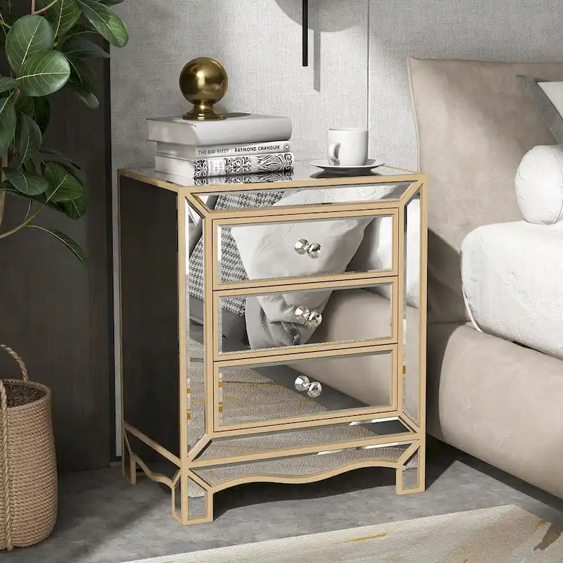 Mirrored Nightstand with 3 Drawers, Champagne Gold Bedside Table, 19.7"W x 15"D x 26"H Storage Cabinet