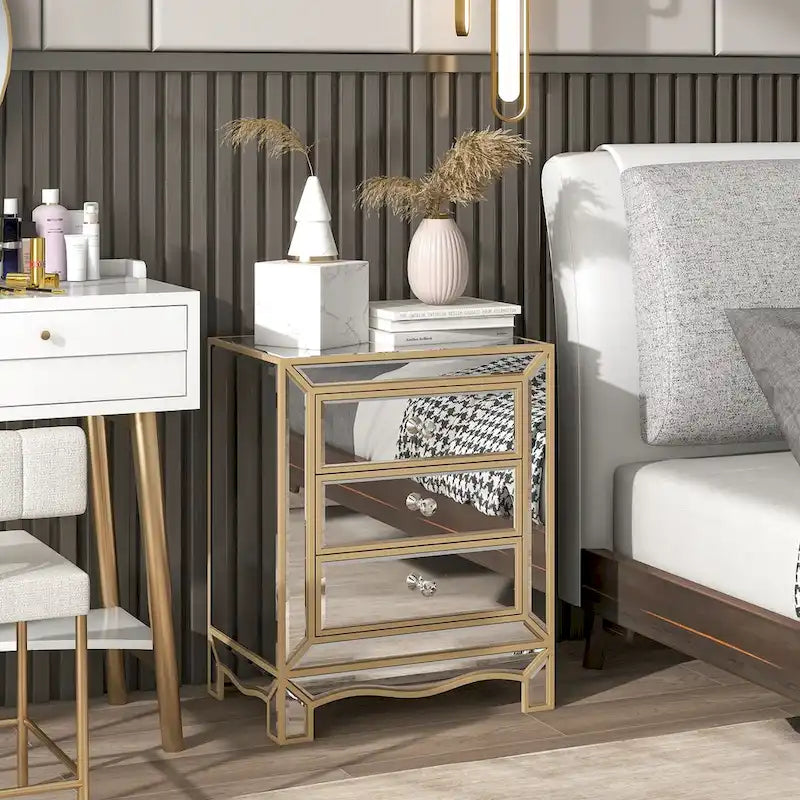 Mirrored Nightstand with 3 Drawers, Champagne Gold Bedside Table, 19.7"W x 15"D x 26"H Storage Cabinet