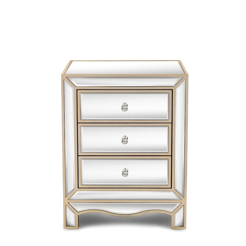 Mirrored Nightstand with 3 Drawers, Champagne Gold Bedside Table, 19.7"W x 15"D x 26"H Storage Cabinet