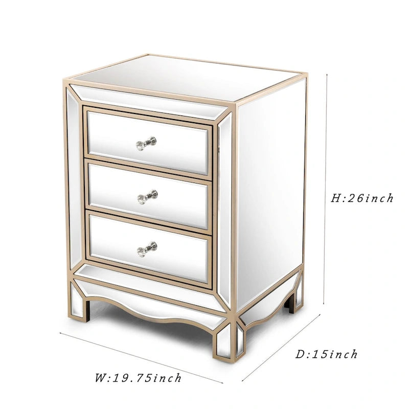 Mirrored Nightstand with 3 Drawers, Champagne Gold Bedside Table, 19.7"W x 15"D x 26"H Storage Cabinet
