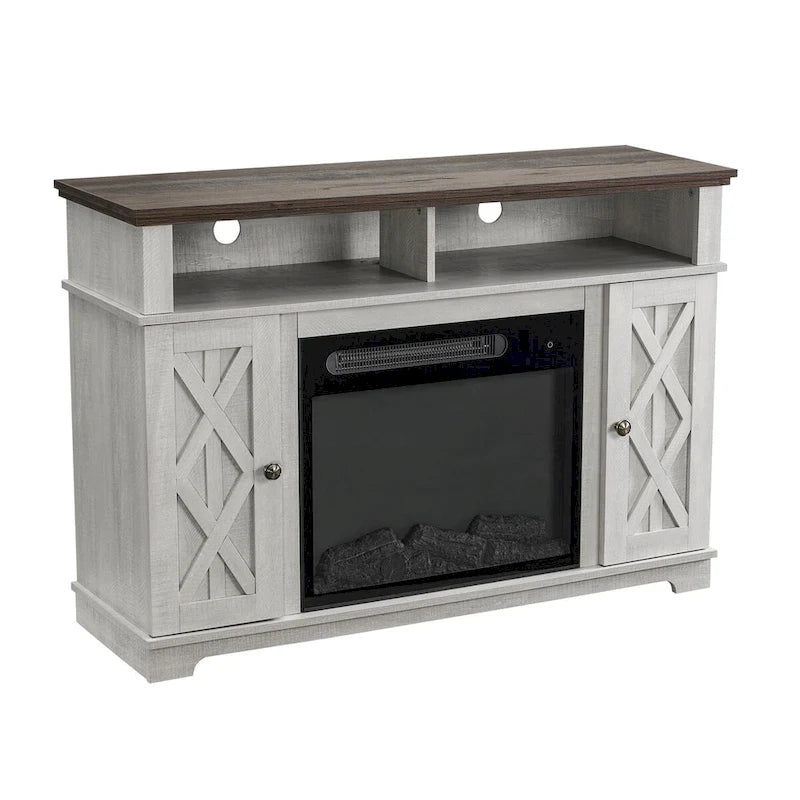 48" White TV Stand with Electric Fireplace, TVs up to 55", Adjustable Shelves, Cable Management, Transitional Style