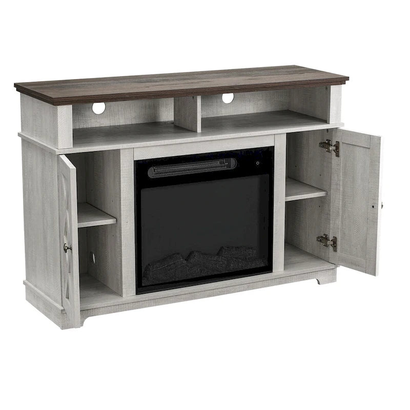48" White TV Stand with Electric Fireplace, TVs up to 55", Adjustable Shelves, Cable Management, Transitional Style