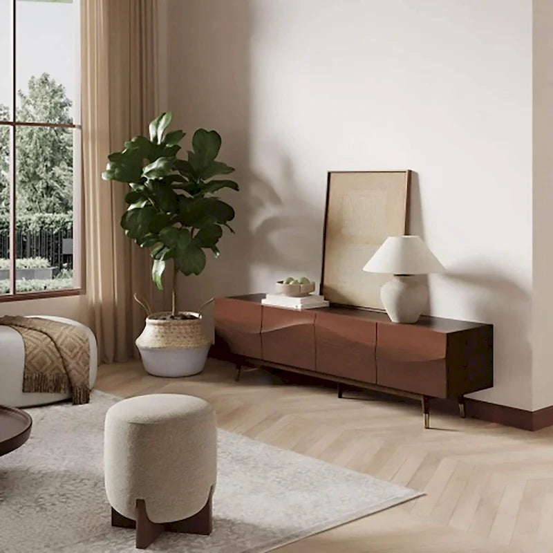 Mid-Century Modern TV Stand - 4-Door Cabinet with Wave Pattern, Cable Management, Walnut Wood & MDF, Fits TVs up to 115", 200 lbs