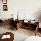 Mid-Century Modern TV Stand - 4-Door Cabinet with Wave Pattern, Cable Management, Walnut Wood & MDF, Fits TVs up to 115", 200 lbs