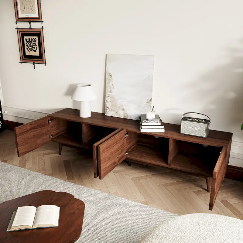 Mid-Century Modern TV Stand - 4-Door Cabinet with Wave Pattern, Cable Management, Walnut Wood & MDF, Fits TVs up to 115", 200 lbs