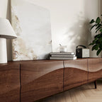 Mid-Century Modern TV Stand - 4-Door Cabinet with Wave Pattern, Cable Management, Walnut Wood & MDF, Fits TVs up to 115", 200 lbs