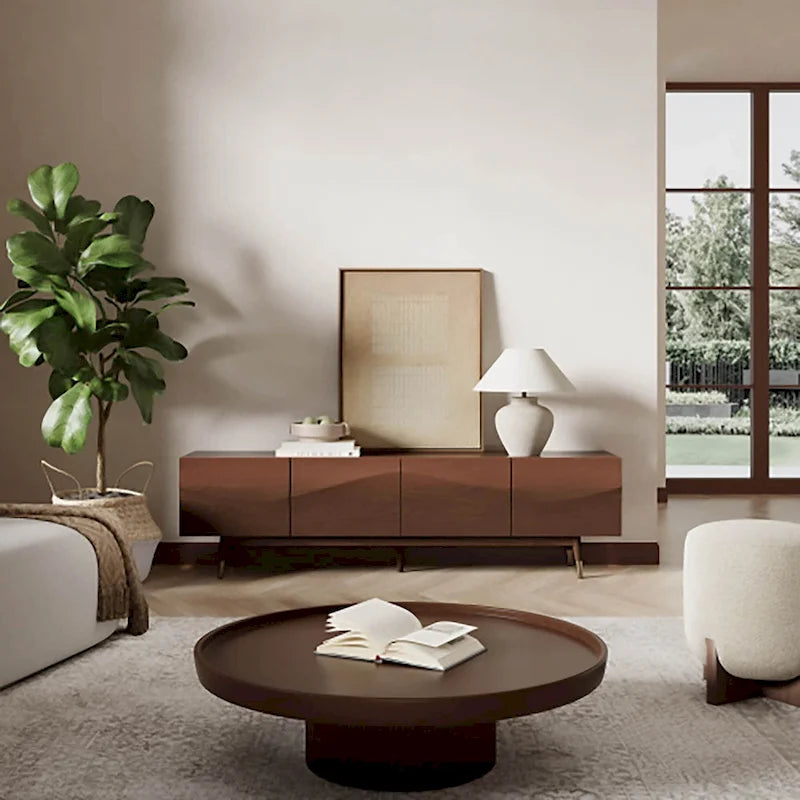 Mid-Century Modern TV Stand - 4-Door Cabinet with Wave Pattern, Cable Management, Walnut Wood & MDF, Fits TVs up to 115", 200 lbs