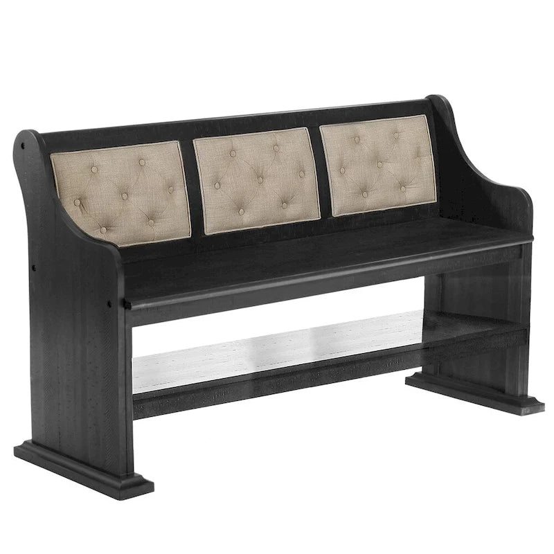Counter Height Dining Bench 68"L with Tufted Backrest, Linen Upholstered Rustic Bench