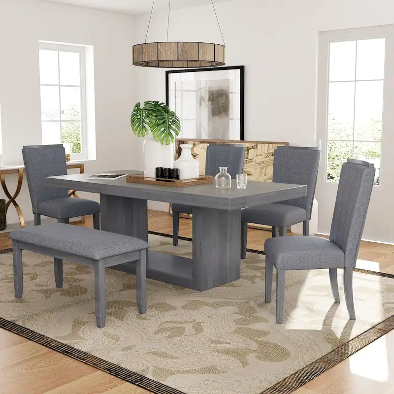 6-Piece Extendable Dining Set with Pedestal Table, 4 Chairs & Bench, 78" with 18" Leaf, 250 lbs