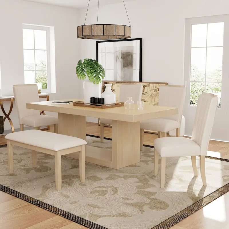 6-Piece Extendable Dining Set with Pedestal Table, 4 Chairs & Bench, 78" with 18" Leaf, 250 lbs