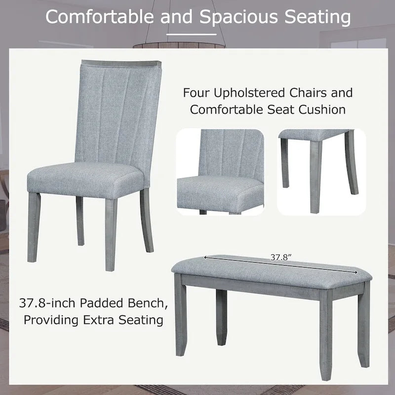 6-Piece Extendable Dining Set with Pedestal Table, 4 Chairs & Bench, 78" with 18" Leaf, 250 lbs