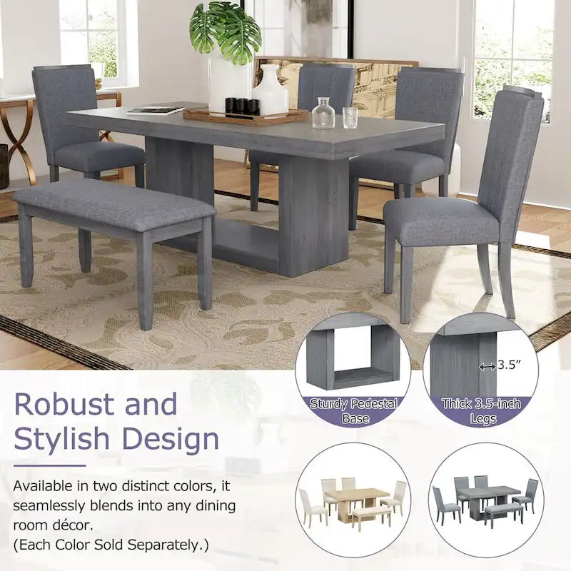 6-Piece Extendable Dining Set with Pedestal Table, 4 Chairs & Bench, 78" with 18" Leaf, 250 lbs