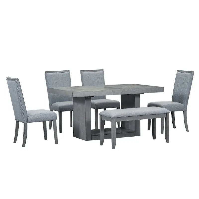 6-Piece Extendable Dining Set with Pedestal Table, 4 Chairs & Bench, 78" with 18" Leaf, 250 lbs