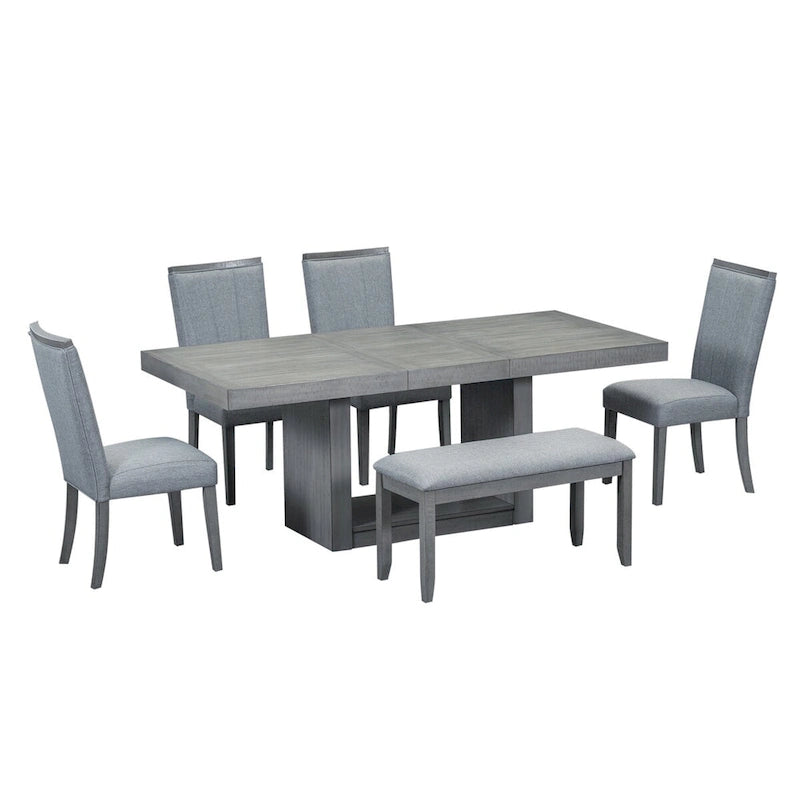 6-Piece Extendable Dining Set with Pedestal Table, 4 Chairs & Bench, 78" with 18" Leaf, 250 lbs
