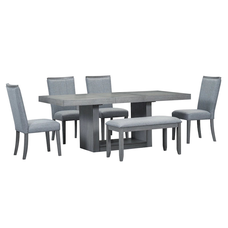 6-Piece Extendable Dining Set with Pedestal Table, 4 Chairs & Bench, 78" with 18" Leaf, 250 lbs