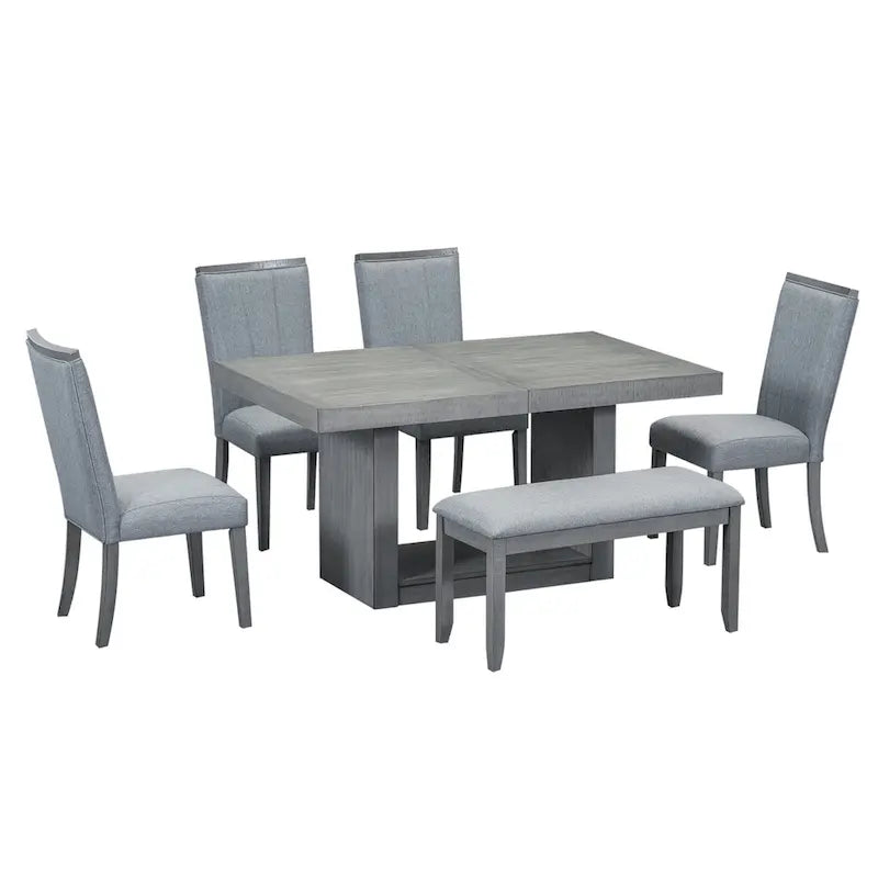 6-Piece Extendable Dining Set with Pedestal Table, 4 Chairs & Bench, 78" with 18" Leaf, 250 lbs