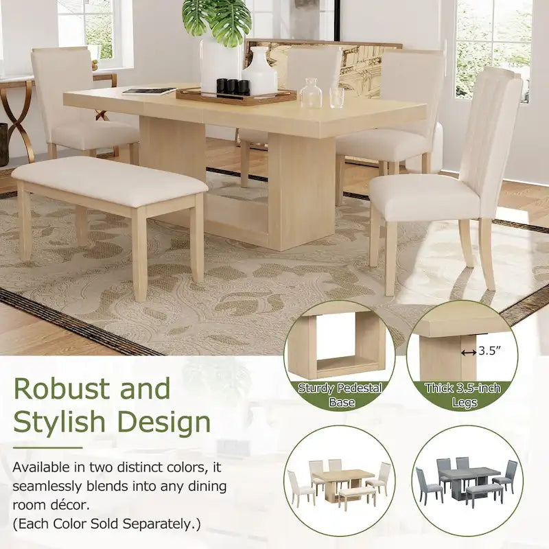 6-Piece Extendable Dining Set with Pedestal Table, 4 Chairs & Bench, 78" with 18" Leaf, 250 lbs