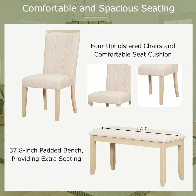 6-Piece Extendable Dining Set with Pedestal Table, 4 Chairs & Bench, 78" with 18" Leaf, 250 lbs