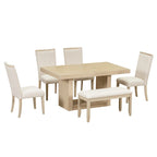 6-Piece Extendable Dining Set with Pedestal Table, 4 Chairs & Bench, 78" with 18" Leaf, 250 lbs