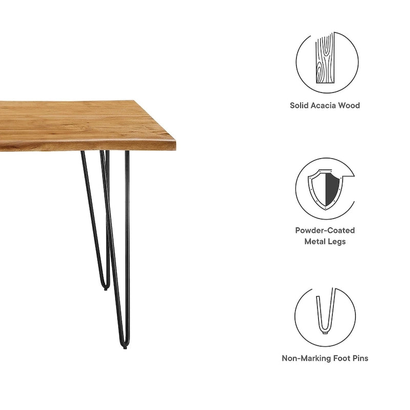 60" Live Edge Dining Table, Solid Acacia Wood with Metal Hairpin Legs, Seats 6, Natural & Black