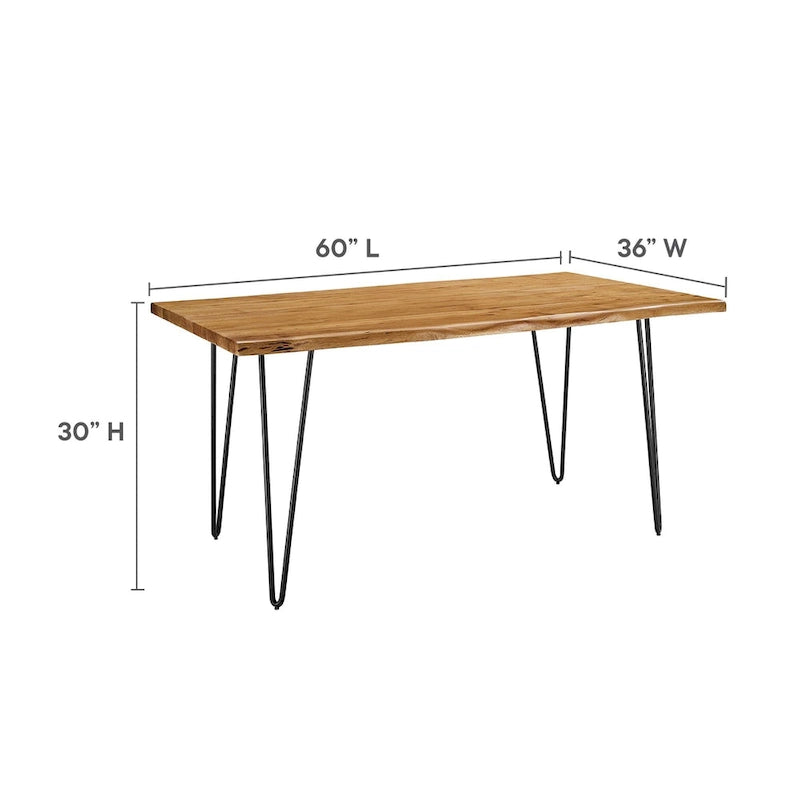 60" Live Edge Dining Table, Solid Acacia Wood with Metal Hairpin Legs, Seats 6, Natural & Black