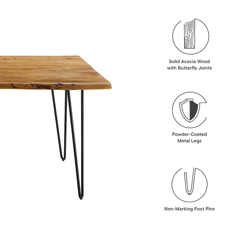 60" Live Edge Dining Table, Solid Acacia Wood with Metal Hairpin Legs, Seats 6, Natural & Black