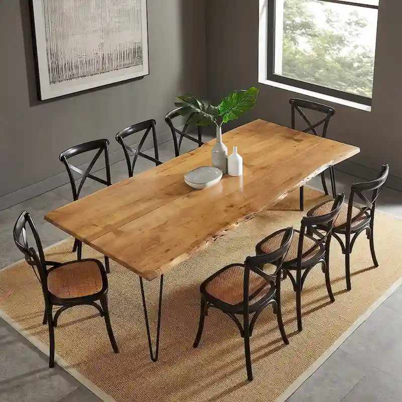 60" Live Edge Dining Table, Solid Acacia Wood with Metal Hairpin Legs, Seats 6, Natural & Black