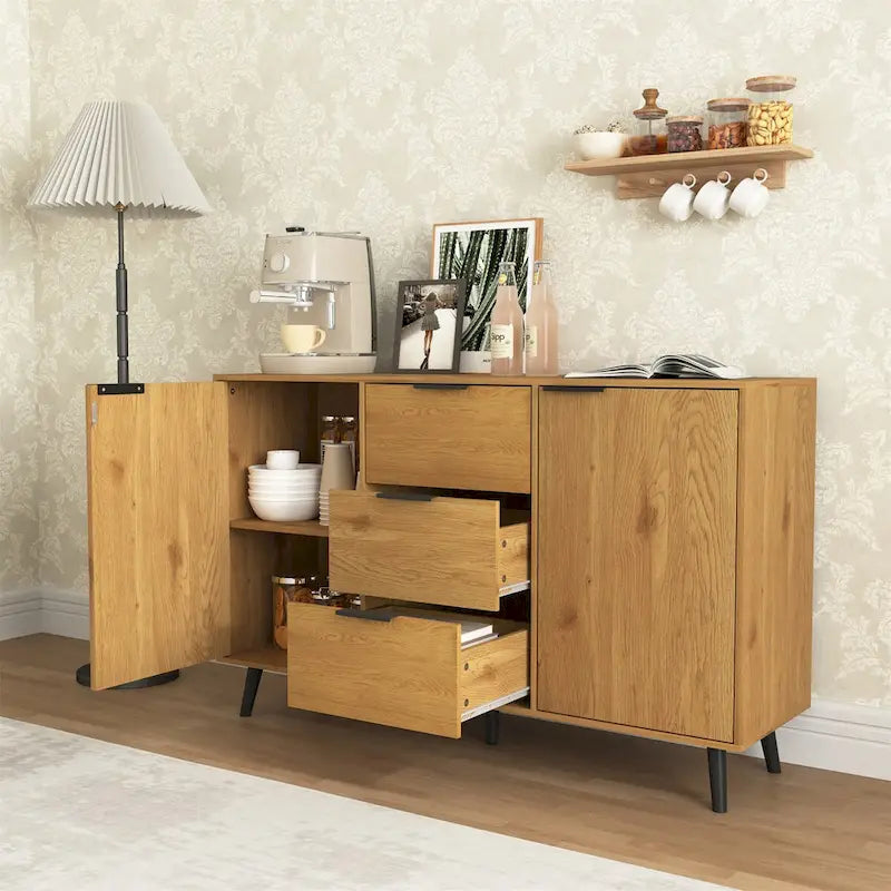 Wood Sideboard Buffet Cabinet with Storage, 3 Drawers & 2 Doors, Dining Room Console Table