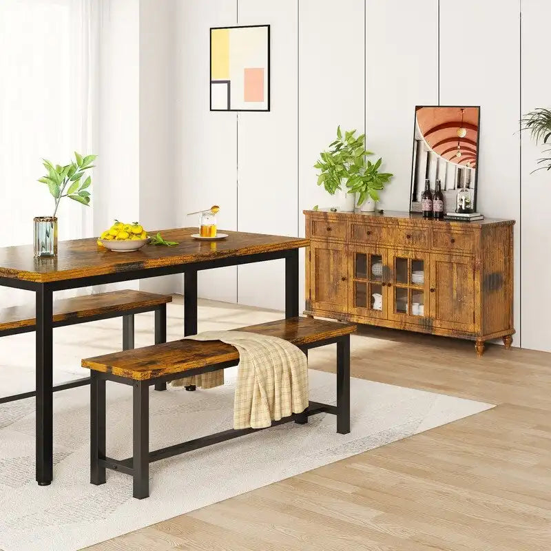 Industrial Dining Benches Set of 2, 38.6"L Wood & Steel Bench, 250 lbs Capacity, Rustic Style