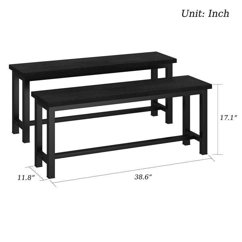 Industrial Dining Benches Set of 2, 38.6"L Wood & Steel Bench, 250 lbs Capacity, Rustic Style