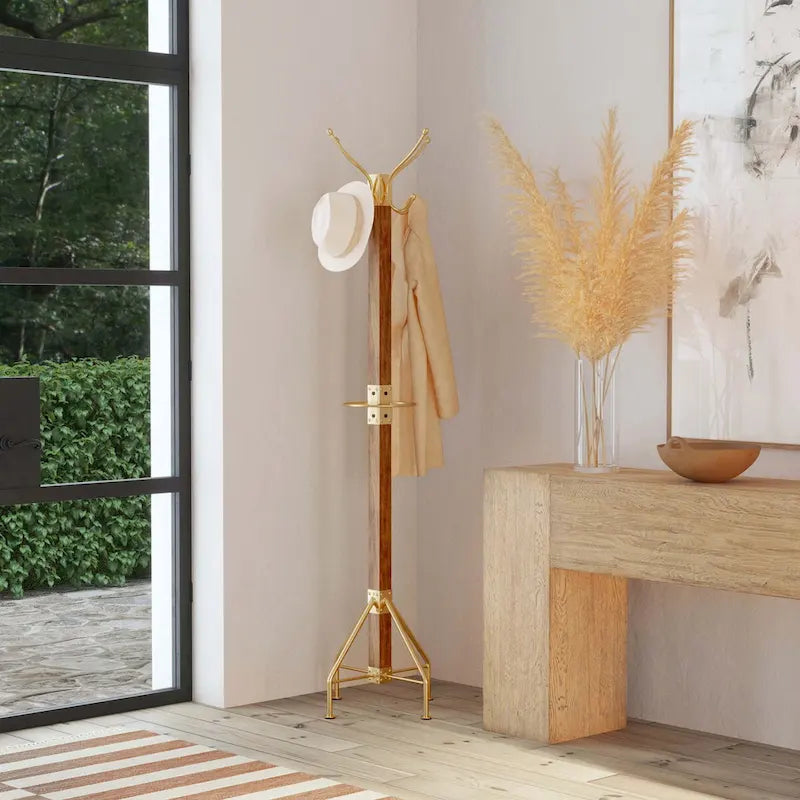 74"H Coat Rack with 4 Double Hooks, Mango Wood & Iron, 88 lbs Capacity, Brown & Gold, Freestanding