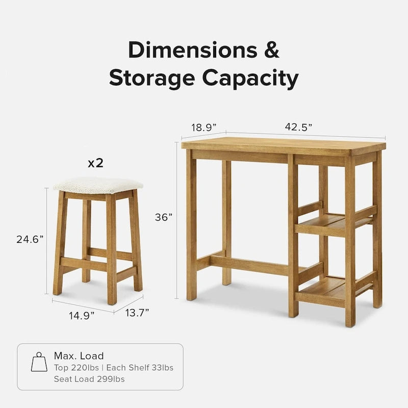 3-Piece Counter Height Dining Set with Storage Shelves, Solid Wood Table & 2 Boucle Stools, Farmhouse