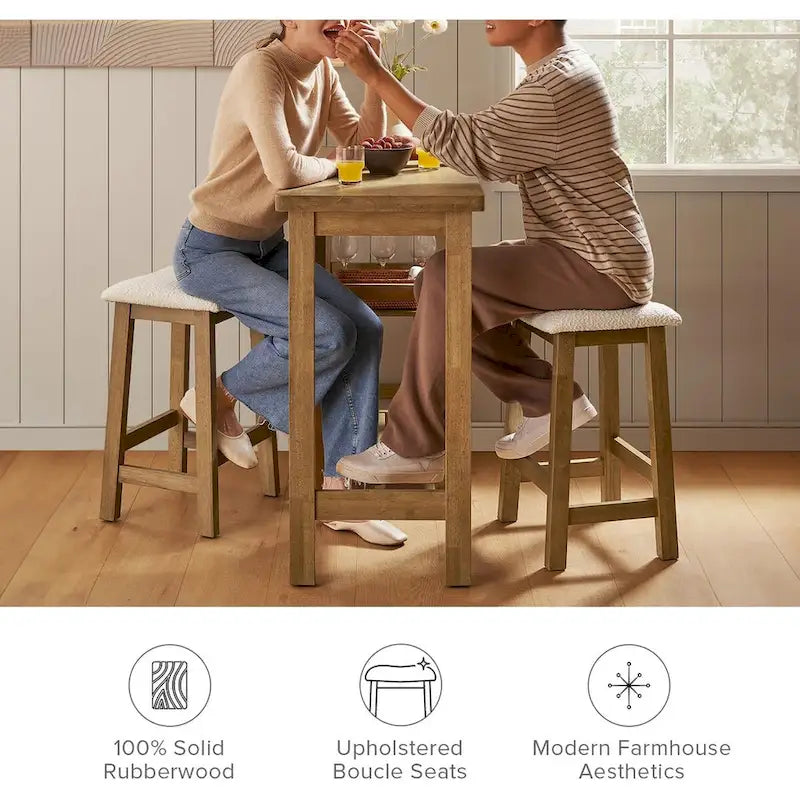 3-Piece Counter Height Dining Set with Storage Shelves, Solid Wood Table & 2 Boucle Stools, Farmhouse