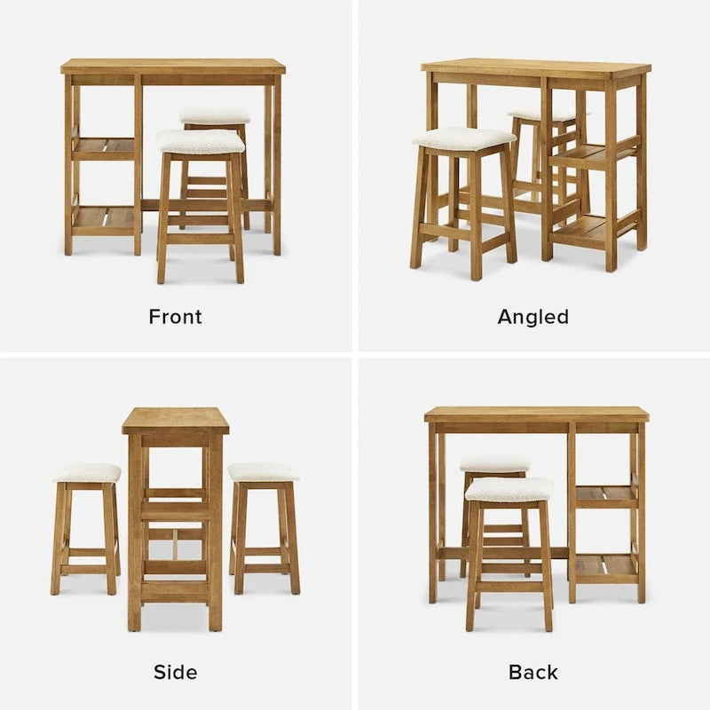 3-Piece Counter Height Dining Set with Storage Shelves, Solid Wood Table & 2 Boucle Stools, Farmhouse