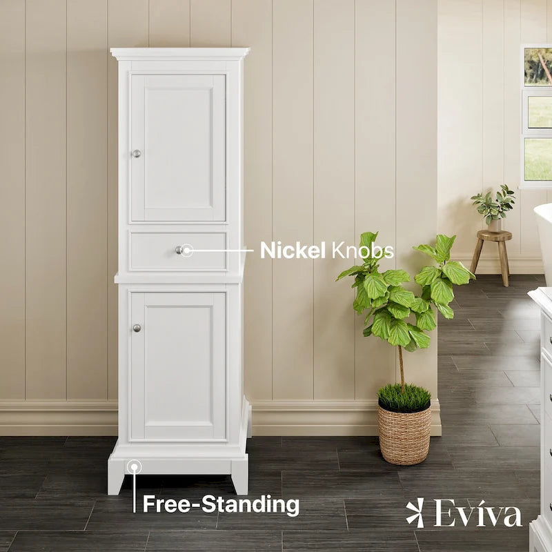 24" Freestanding Linen Cabinet - Solid Wood - 2 Soft-Close Doors - Dovetail Drawer - 3 Shelves - Brushed Nickel Hardware - Hand-Painted - Fully Assembled