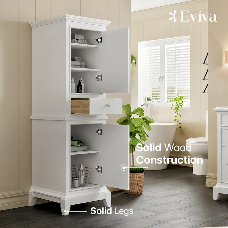 24" Freestanding Linen Cabinet - Solid Wood - 2 Soft-Close Doors - Dovetail Drawer - 3 Shelves - Brushed Nickel Hardware - Hand-Painted - Fully Assembled