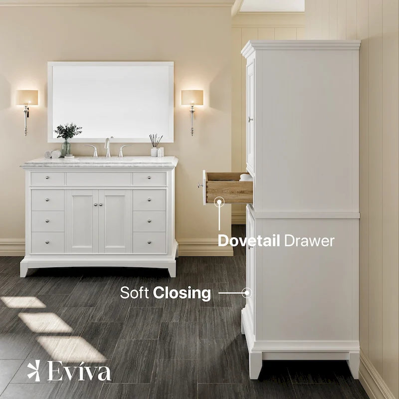 24" Freestanding Linen Cabinet - Solid Wood - 2 Soft-Close Doors - Dovetail Drawer - 3 Shelves - Brushed Nickel Hardware - Hand-Painted - Fully Assembled