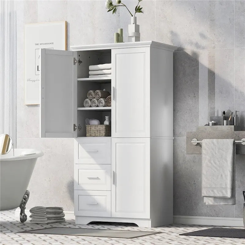 Tall Wide Storage Cabinet - 2 Doors - 3 Drawers + 1 Cabinet - Adjustable Shelf - MDF - Waterproof - Anti-Tip - Metal Hardware - 3 Tiers - Multi-Purpose Bathroom