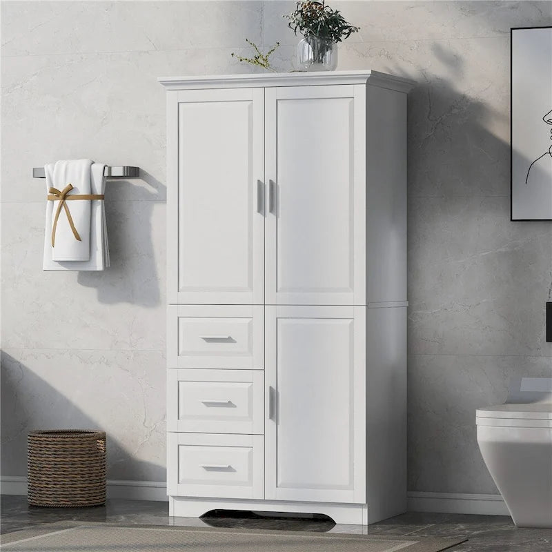 Tall Wide Storage Cabinet - 2 Doors - 3 Drawers + 1 Cabinet - Adjustable Shelf - MDF - Waterproof - Anti-Tip - Metal Hardware - 3 Tiers - Multi-Purpose Bathroom