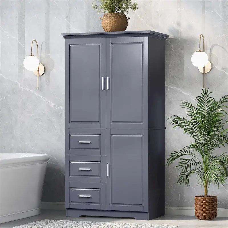 Tall Wide Storage Cabinet - 2 Doors - 3 Drawers + 1 Cabinet - Adjustable Shelf - MDF - Waterproof - Anti-Tip - Metal Hardware - 3 Tiers - Multi-Purpose Bathroom