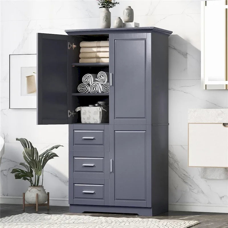 Tall Wide Storage Cabinet - 2 Doors - 3 Drawers + 1 Cabinet - Adjustable Shelf - MDF - Waterproof - Anti-Tip - Metal Hardware - 3 Tiers - Multi-Purpose Bathroom