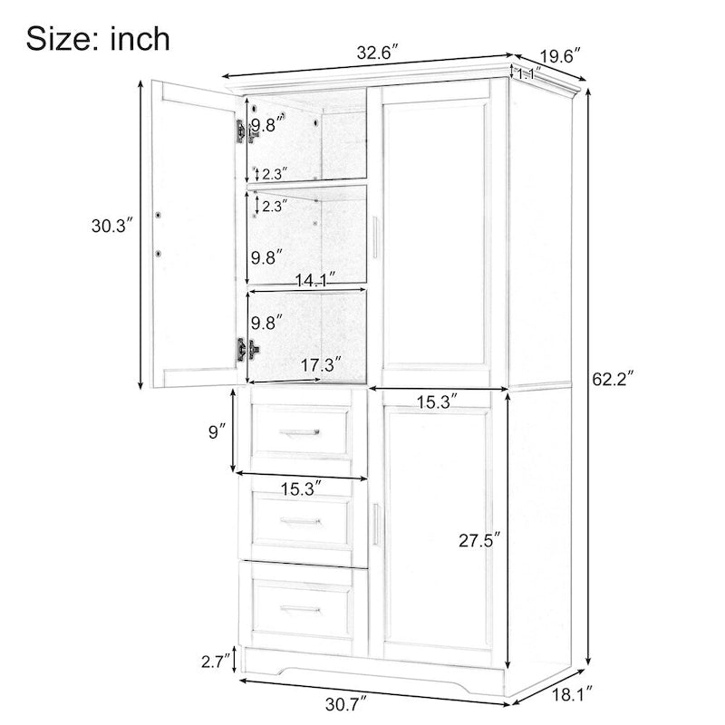 Tall Wide Storage Cabinet - 2 Doors - 3 Drawers + 1 Cabinet - Adjustable Shelf - MDF - Waterproof - Anti-Tip - Metal Hardware - 3 Tiers - Multi-Purpose Bathroom