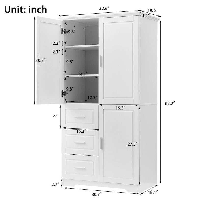 Tall Wide Storage Cabinet - 2 Doors - 3 Drawers + 1 Cabinet - Adjustable Shelf - MDF - Waterproof - Anti-Tip - Metal Hardware - 3 Tiers - Multi-Purpose Bathroom