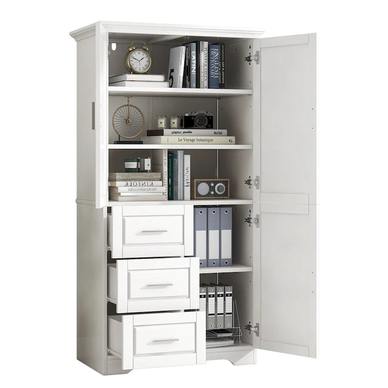 Tall Wide Storage Cabinet - 2 Doors - 3 Drawers + 1 Cabinet - Adjustable Shelf - MDF - Waterproof - Anti-Tip - Metal Hardware - 3 Tiers - Multi-Purpose Bathroom
