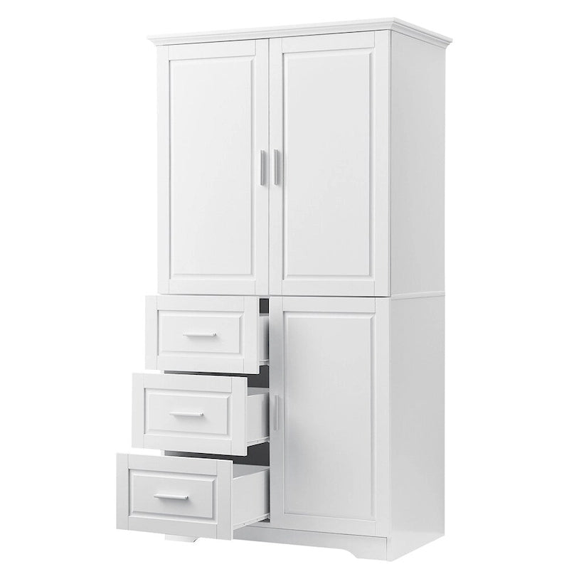 Tall Wide Storage Cabinet - 2 Doors - 3 Drawers + 1 Cabinet - Adjustable Shelf - MDF - Waterproof - Anti-Tip - Metal Hardware - 3 Tiers - Multi-Purpose Bathroom