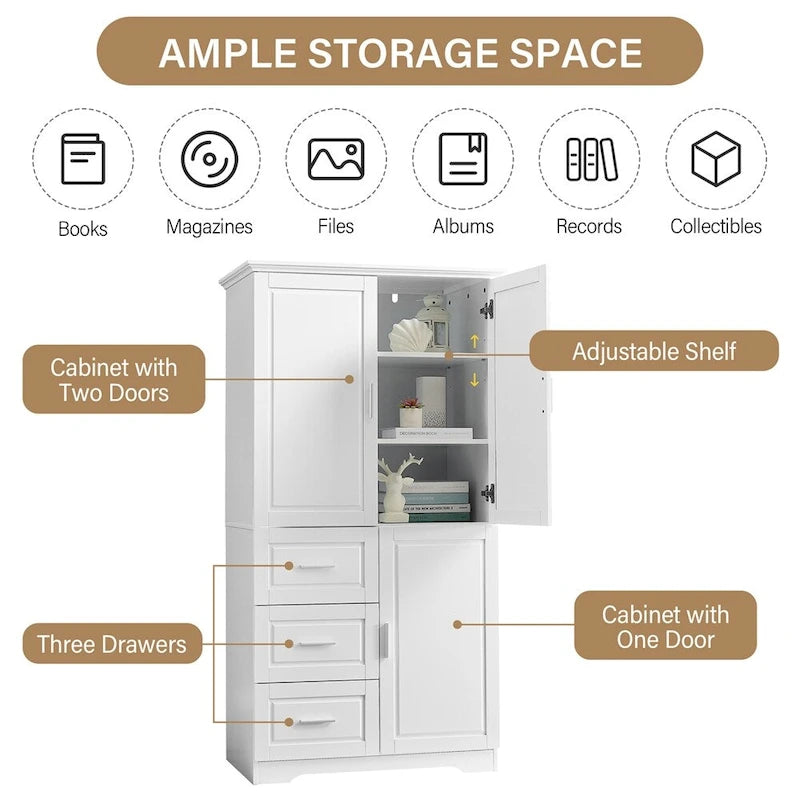 Tall Wide Storage Cabinet - 2 Doors - 3 Drawers + 1 Cabinet - Adjustable Shelf - MDF - Waterproof - Anti-Tip - Metal Hardware - 3 Tiers - Multi-Purpose Bathroom